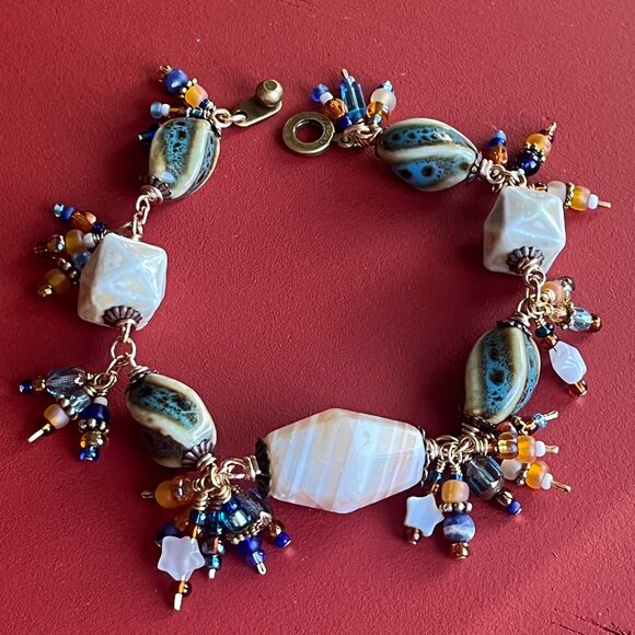 Boho Dangle Bracelet, Banded Agate Gemstone, Ceramic Beads, Wire Wrapped Dangles - Picture 1 of 15